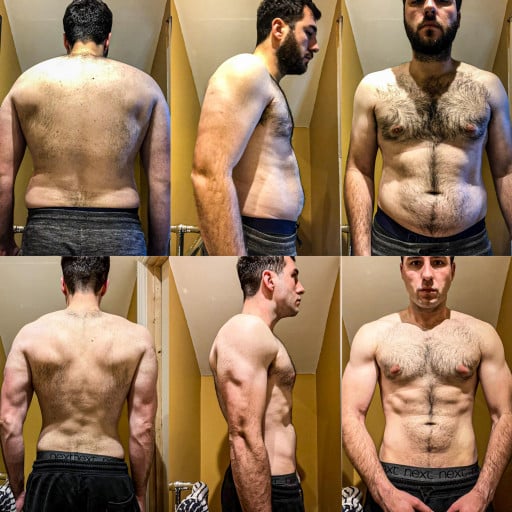 A picture of a 6'3" male showing a weight loss from 242 pounds to 197 pounds. A net loss of 45 pounds.