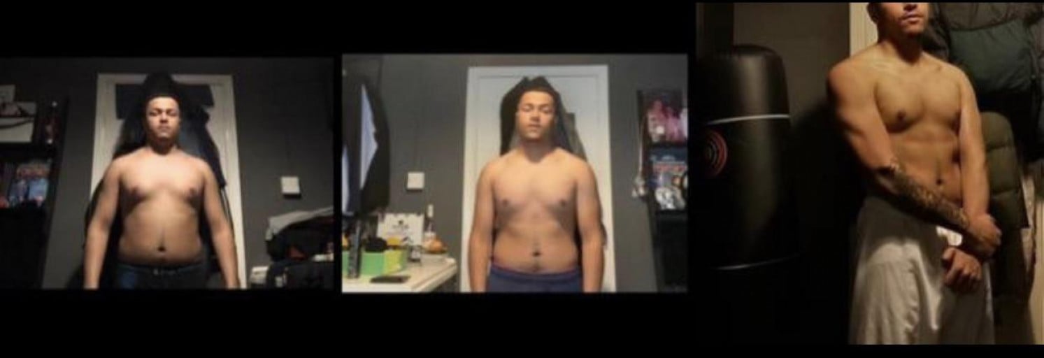 A photo of a 5'8" man showing a weight cut from 177 pounds to 158 pounds. A net loss of 19 pounds.