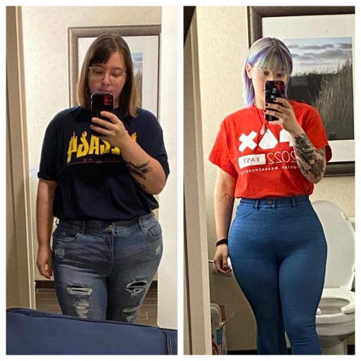 A progress pic of a 5'2" woman showing a fat loss from 210 pounds to 158 pounds. A net loss of 52 pounds.