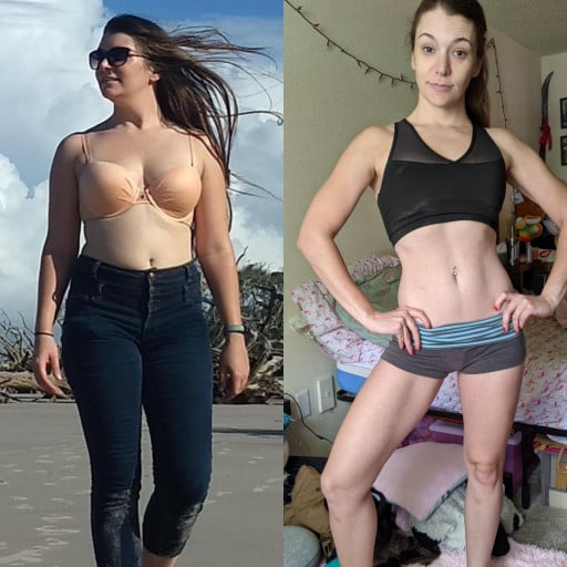 A photo of a 5'4" woman showing a weight cut from 152 pounds to 122 pounds. A respectable loss of 30 pounds.