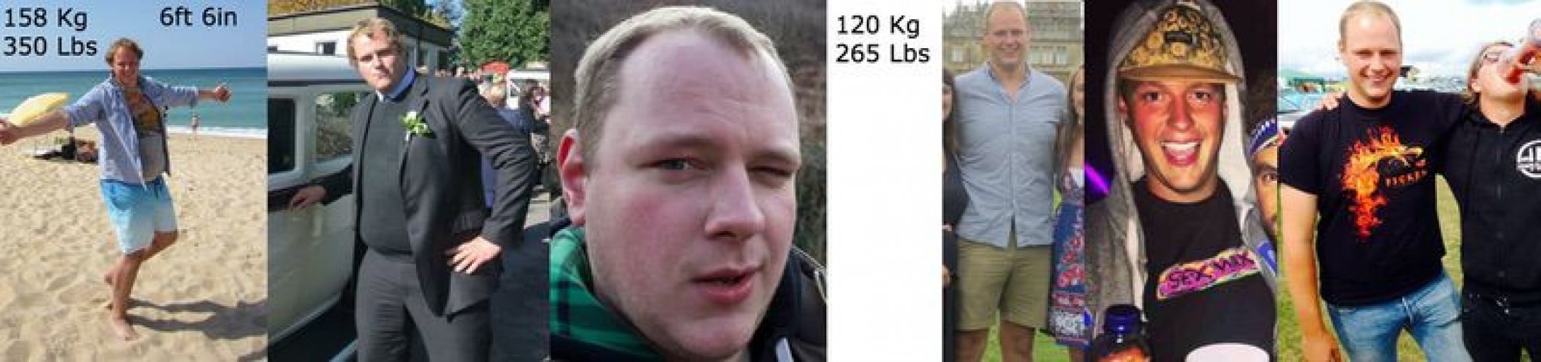 A photo of a 6'6" man showing a weight cut from 350 pounds to 265 pounds. A total loss of 85 pounds.