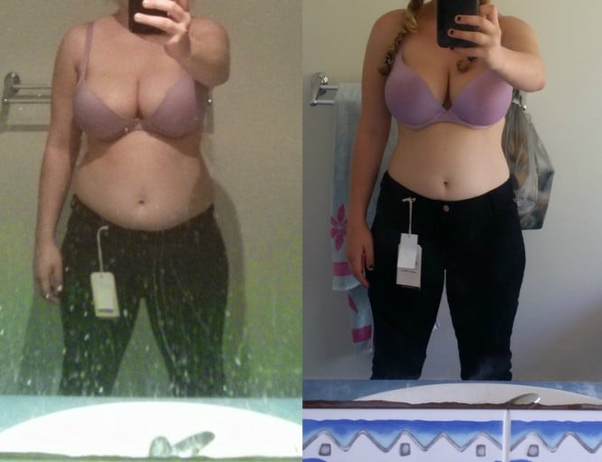 A before and after photo of a 5'2" female showing a weight loss from 154 pounds to 140 pounds. A total loss of 14 pounds.