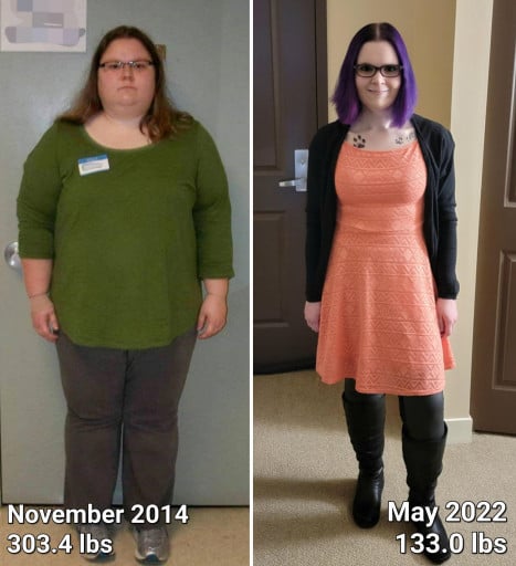170 lbs Fat Loss Before and After 5 feet 5 Female 303 lbs to 133 lbs