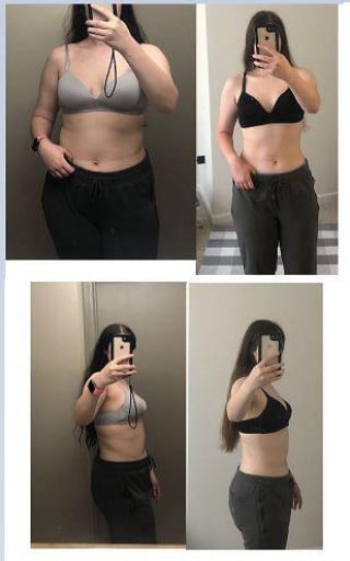 A before and after photo of a 5'7" female showing a weight reduction from 180 pounds to 160 pounds. A total loss of 20 pounds.