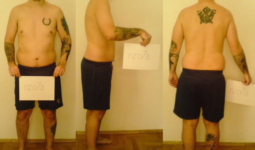 A before and after photo of a 5'8" male showing a snapshot of 181 pounds at a height of 5'8