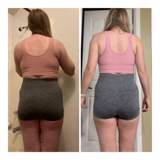 A before and after photo of a 5'5" female showing a weight reduction from 156 pounds to 150 pounds. A net loss of 6 pounds.