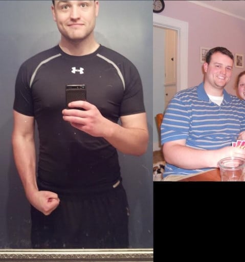 A before and after photo of a 6'8" male showing a weight reduction from 305 pounds to 225 pounds. A respectable loss of 80 pounds.