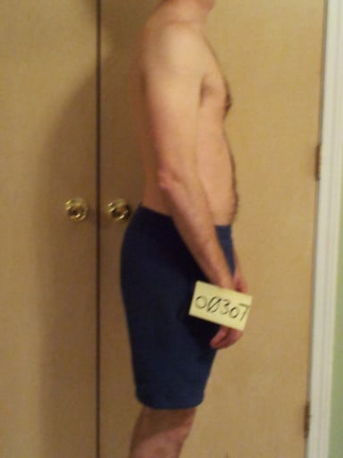 A before and after photo of a 5'9" male showing a snapshot of 142 pounds at a height of 5'9