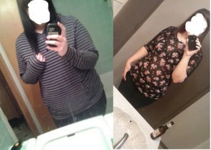 A before and after photo of a 5'8" female showing a weight reduction from 260 pounds to 205 pounds. A net loss of 55 pounds.