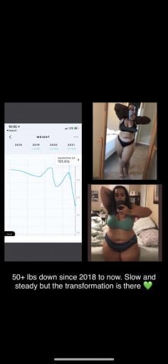 A photo of a 5'0" woman showing a weight cut from 250 pounds to 193 pounds. A respectable loss of 57 pounds.