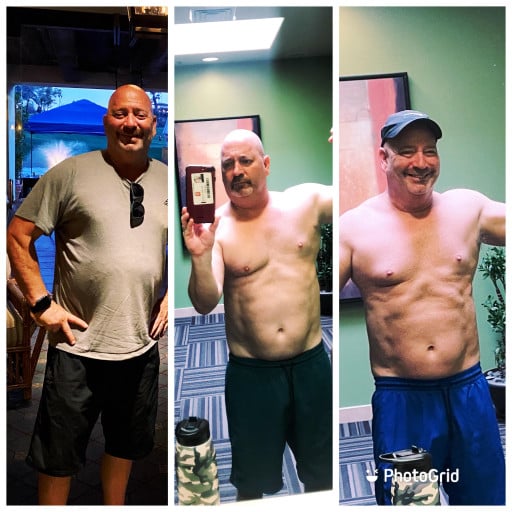 A before and after photo of a 5'9" male showing a weight reduction from 200 pounds to 183 pounds. A net loss of 17 pounds.