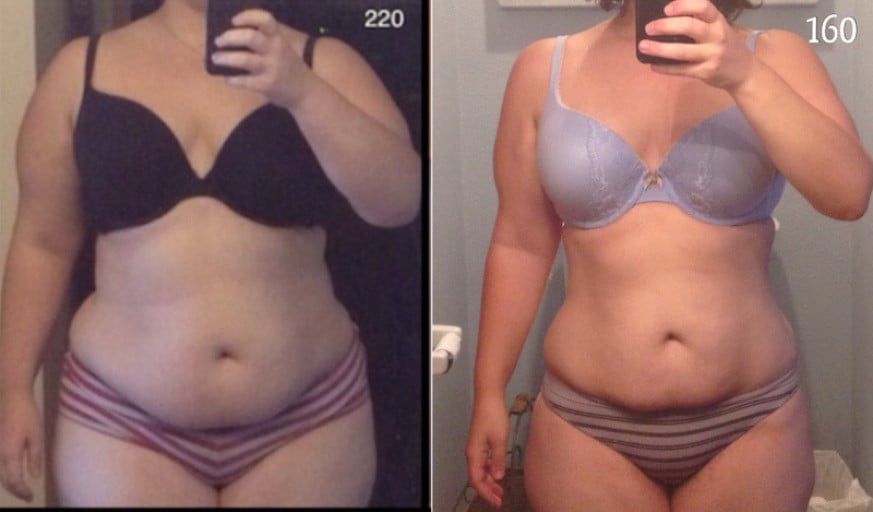 A before and after photo of a 5'2" female showing a weight reduction from 220 pounds to 160 pounds. A respectable loss of 60 pounds.