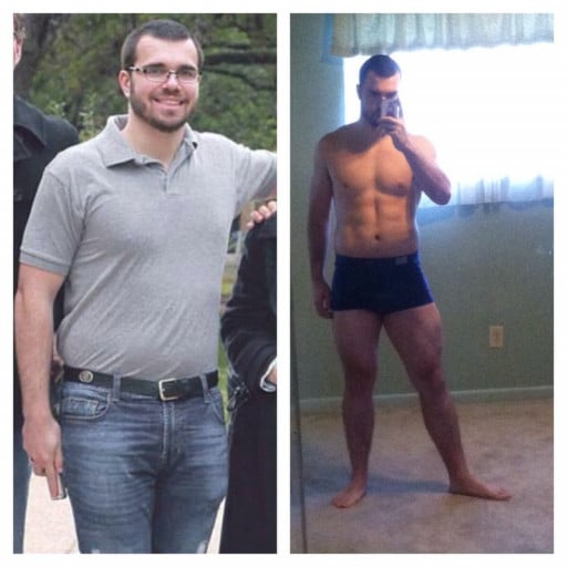 A before and after photo of a 5'11" male showing a weight reduction from 223 pounds to 198 pounds. A total loss of 25 pounds.