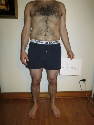 A before and after photo of a 5'9" male showing a snapshot of 194 pounds at a height of 5'9