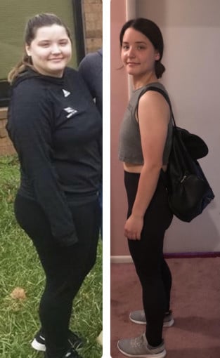 A progress pic of a 5'5" woman showing a fat loss from 220 pounds to 133 pounds. A net loss of 87 pounds.