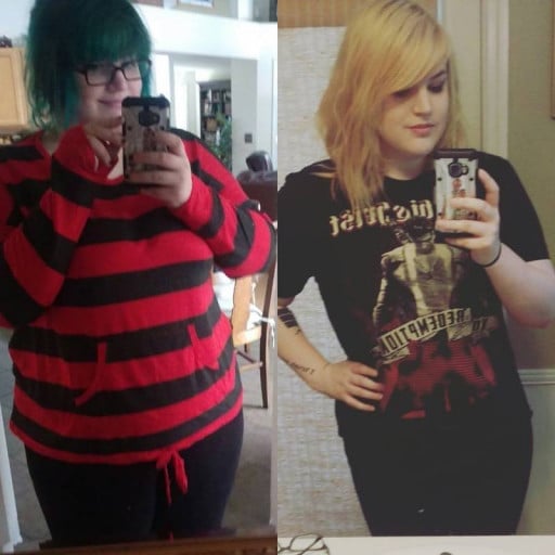A progress pic of a 5'4" woman showing a fat loss from 275 pounds to 233 pounds. A total loss of 42 pounds.