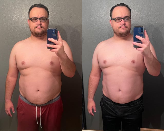 A before and after photo of a 6'2" male showing a snapshot of 287 pounds at a height of 6'2