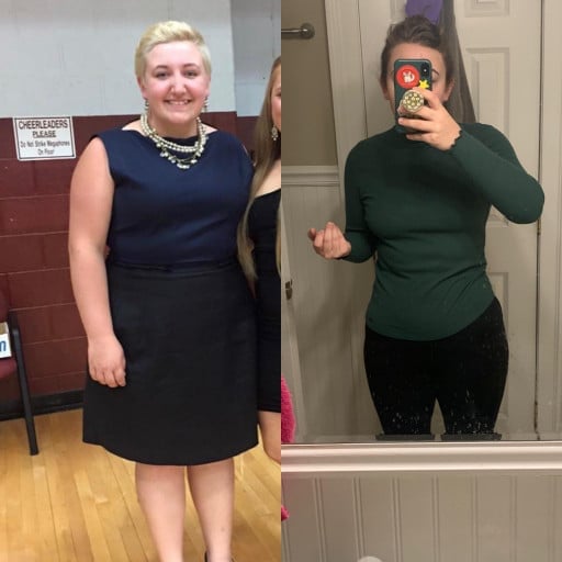 A progress pic of a 5'5" woman showing a fat loss from 252 pounds to 180 pounds. A respectable loss of 72 pounds.