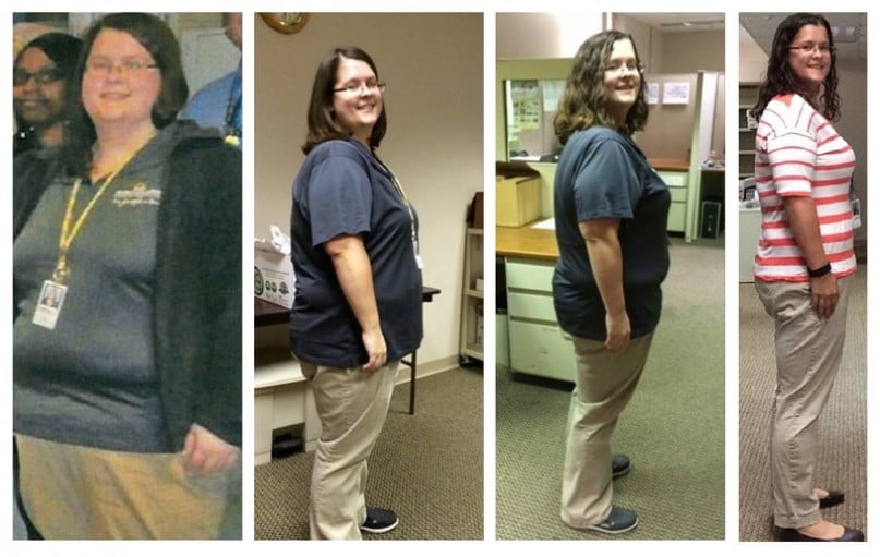 A picture of a 5'4" female showing a weight cut from 300 pounds to 160 pounds. A respectable loss of 140 pounds.