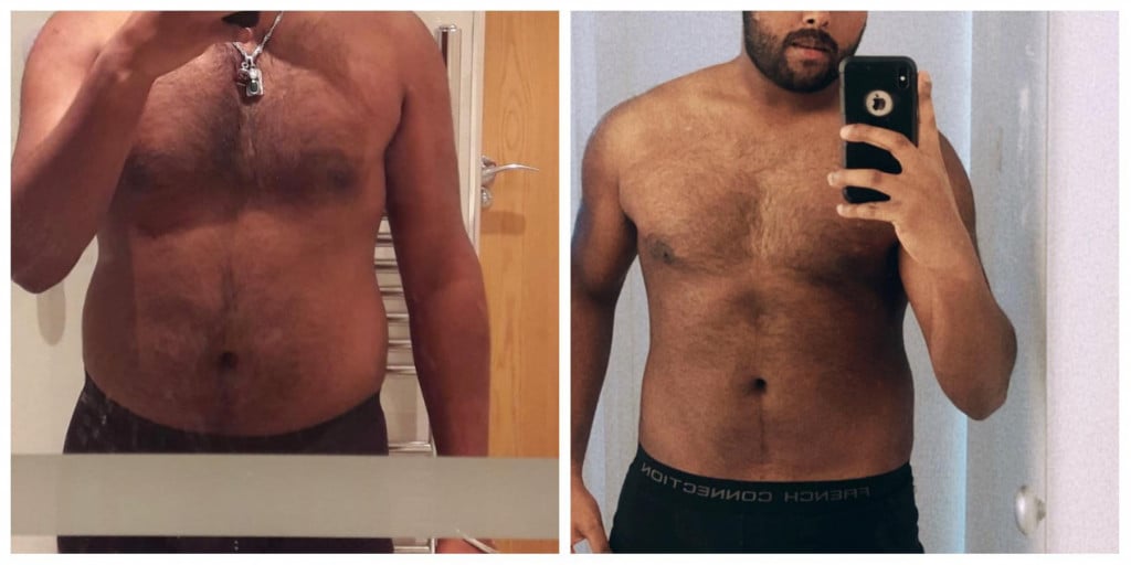 A before and after photo of a 5'11" male showing a weight reduction from 232 pounds to 209 pounds. A total loss of 23 pounds.