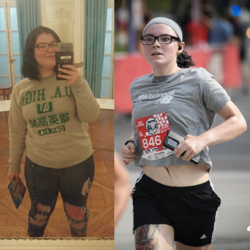 A before and after photo of a 5'5" female showing a weight reduction from 240 pounds to 145 pounds. A total loss of 95 pounds.