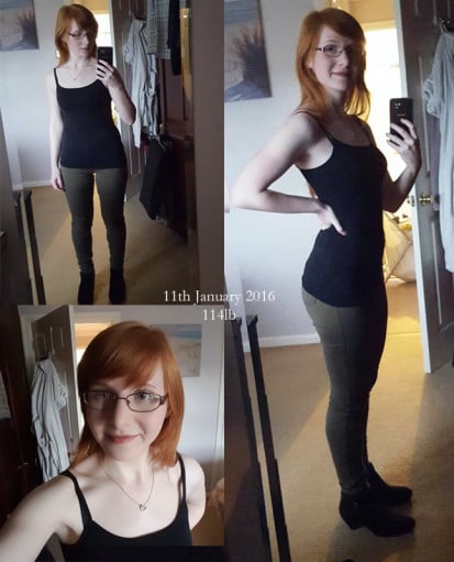 A progress pic of a 5'1" woman showing a fat loss from 142 pounds to 114 pounds. A total loss of 28 pounds.