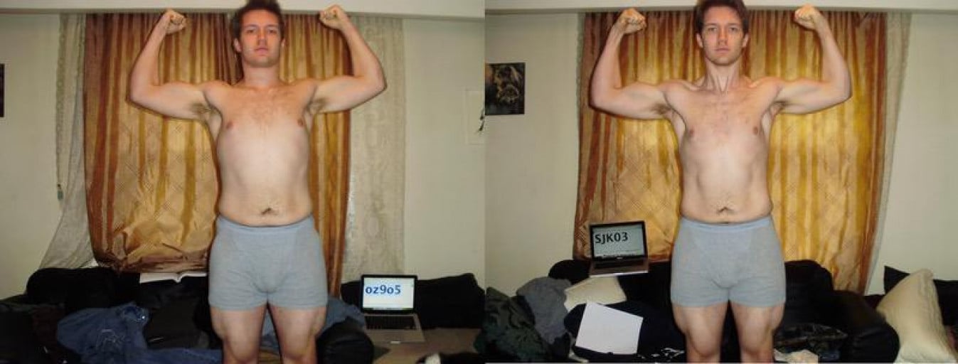 A before and after photo of a 6'3" male showing a snapshot of 207 pounds at a height of 6'3