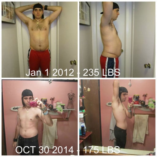 A photo of a 6'1" man showing a weight cut from 235 pounds to 175 pounds. A net loss of 60 pounds.
