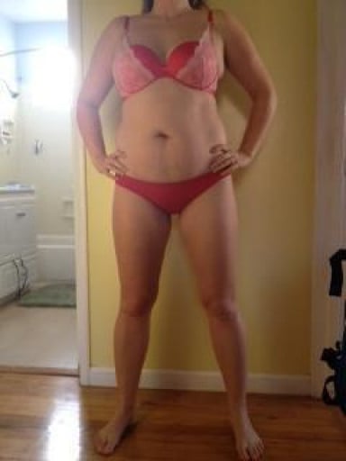 A before and after photo of a 5'7" female showing a snapshot of 179 pounds at a height of 5'7