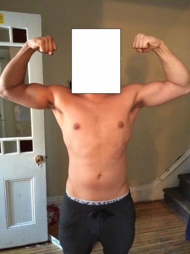 A progress pic of a 5'8" man showing a weight gain from 153 pounds to 165 pounds. A net gain of 12 pounds.