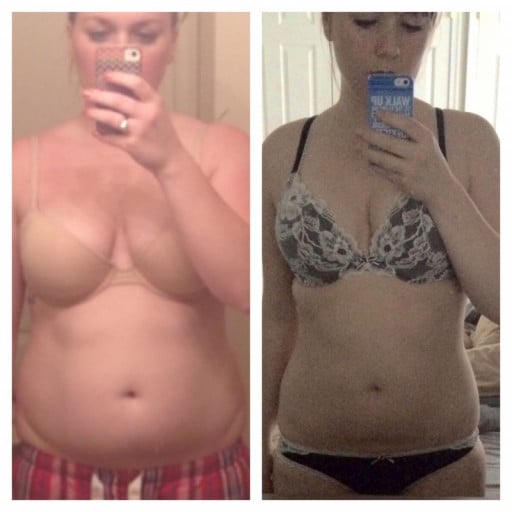 A photo of a 5'8" woman showing a weight cut from 190 pounds to 170 pounds. A respectable loss of 20 pounds.