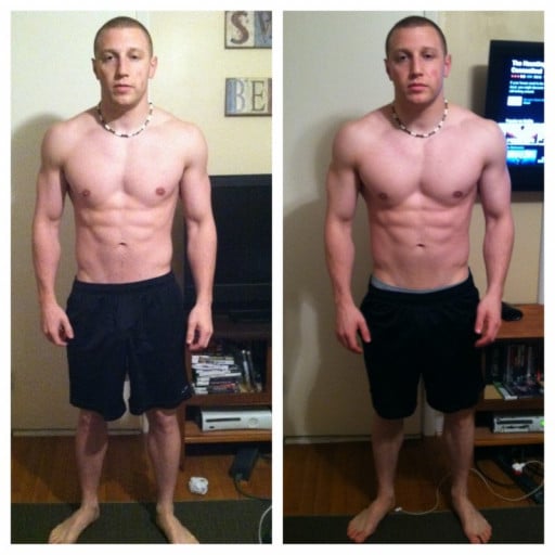 A before and after photo of a 5'7" male showing a weight gain from 150 pounds to 160 pounds. A respectable gain of 10 pounds.