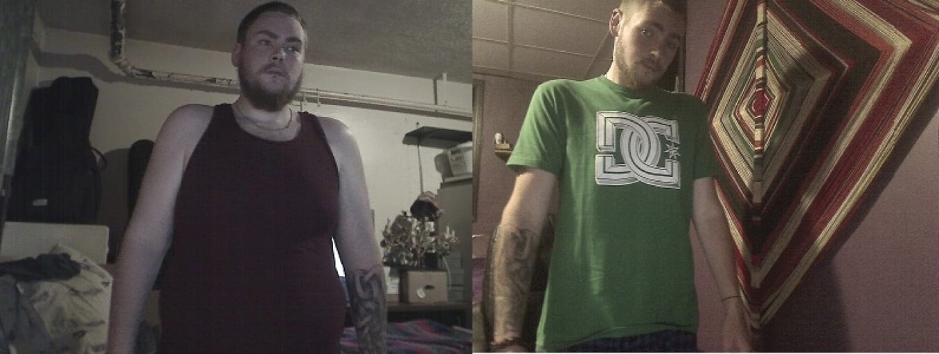 A progress pic of a 5'11" man showing a fat loss from 310 pounds to 170 pounds. A respectable loss of 140 pounds.