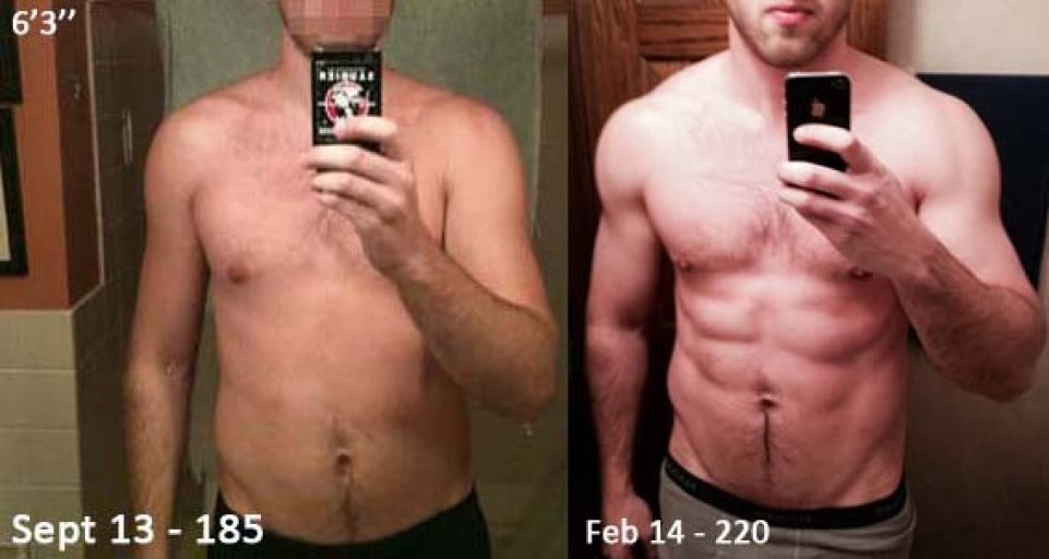 A progress pic of a 6'3" man showing a weight gain from 185 pounds to 220 pounds. A net gain of 35 pounds.