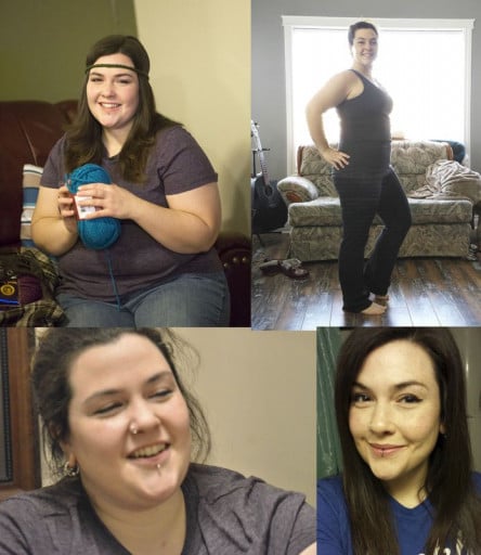 A progress pic of a 5'4" woman showing a fat loss from 254 pounds to 191 pounds. A respectable loss of 63 pounds.