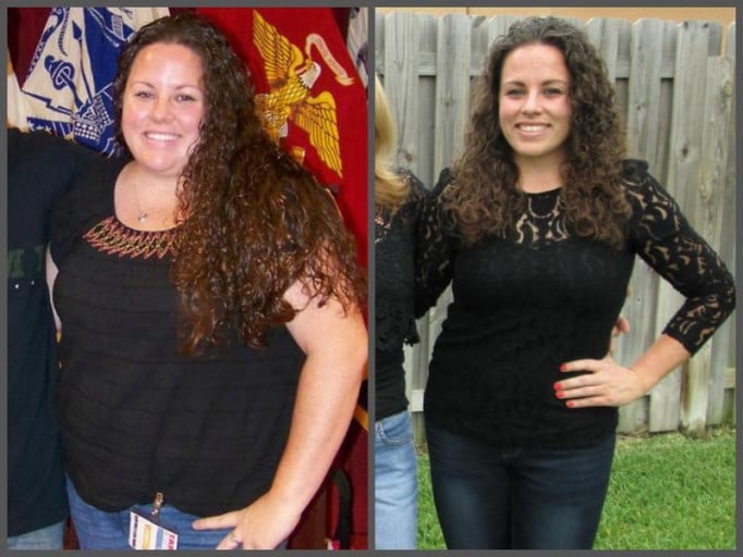 A photo of a 5'5" woman showing a weight loss from 255 pounds to 155 pounds. A total loss of 100 pounds.