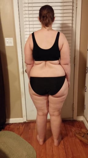 A before and after photo of a 5'8" female showing a snapshot of 227 pounds at a height of 5'8