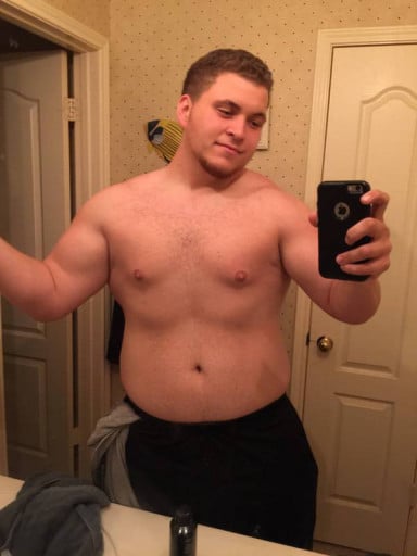 A before and after photo of a 6'1" male showing a weight cut from 322 pounds to 299 pounds. A respectable loss of 23 pounds.
