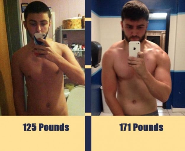 A picture of a 5'10" male showing a weight bulk from 124 pounds to 171 pounds. A respectable gain of 47 pounds.