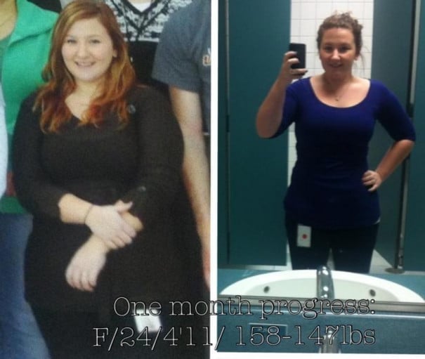 A progress pic of a 4'11" woman showing a weight cut from 158 pounds to 147 pounds. A respectable loss of 11 pounds.