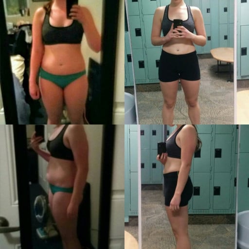 A before and after photo of a 5'6" female showing a weight reduction from 156 pounds to 139 pounds. A net loss of 17 pounds.