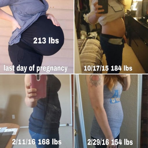 A before and after photo of a 5'6" female showing a weight loss from 213 pounds to 154 pounds. A total loss of 59 pounds.