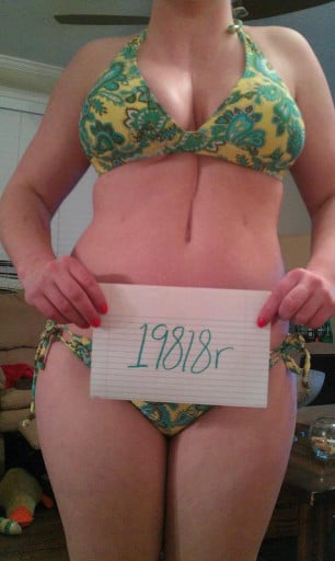 A before and after photo of a 5'2" female showing a snapshot of 135 pounds at a height of 5'2