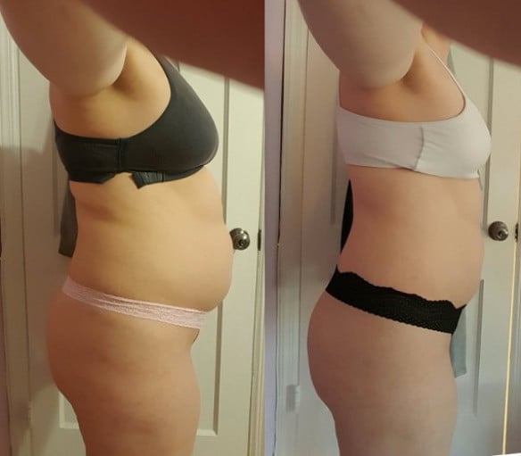 A before and after photo of a 5'5" female showing a weight reduction from 173 pounds to 163 pounds. A respectable loss of 10 pounds.