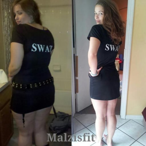 A photo of a 5'4" woman showing a weight reduction from 217 pounds to 120 pounds. A net loss of 97 pounds.
