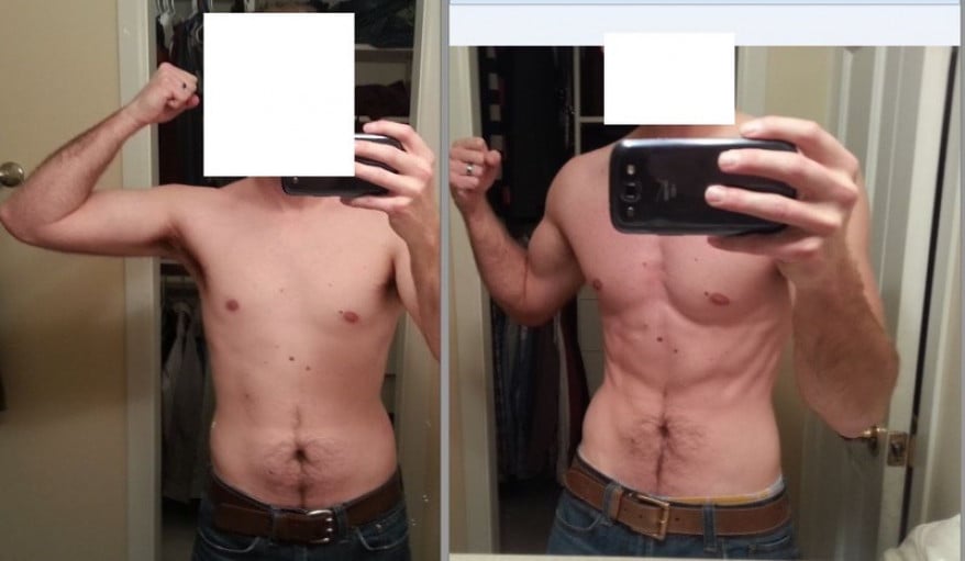 A before and after photo of a 5'8" male showing a weight reduction from 150 pounds to 130 pounds. A net loss of 20 pounds.