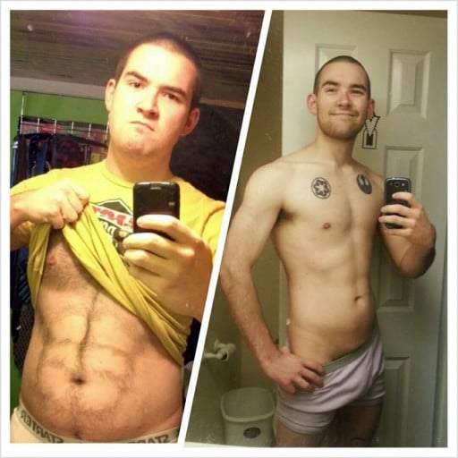 A photo of a 6'0" man showing a weight cut from 237 pounds to 175 pounds. A total loss of 62 pounds.