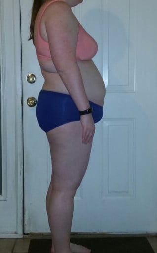 A before and after photo of a 5'7" female showing a snapshot of 236 pounds at a height of 5'7