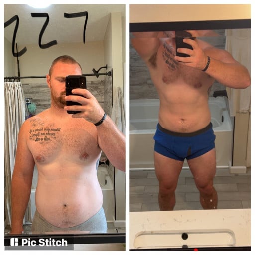 A progress pic of a 6'1" man showing a fat loss from 227 pounds to 216 pounds. A net loss of 11 pounds.