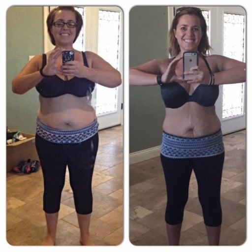 A photo of a 5'0" woman showing a weight loss from 180 pounds to 140 pounds. A respectable loss of 40 pounds.